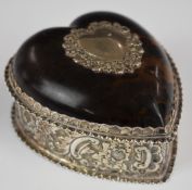 Victorian hallmarked silver heart shaped box dressing table box with bulbous tortoiseshell lid,