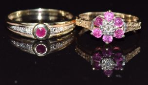 Two 9ct gold rings, one set with a ruby the other a diamond surrounded by rubies, size L, 4g