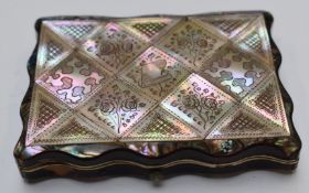 19thC mother of pearl and tortoiseshell card case with fitted silk lined interior and dedication