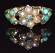 Victorian 9ct gold ring set with turquoise and seed pearls, to the underside a small glass