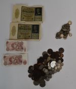 A collection of UK coinage and some banknotes, including a quantity of silver examples, William IV