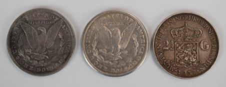 Two USA Morgan dollars 1882 and 1921, together with a Wilhelmina Koningin Nederlands, 2½ G 1937