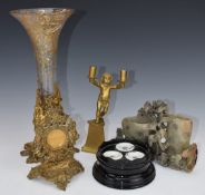 Bronze figural candlestick with plinth, brass pocket watch holder, Chinese soapstone spill vase,