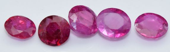Five loose round cut natural unheated Burmese rubies, total carat weight approximately 2.86cts