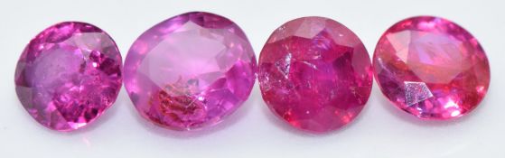 Four loose round cushion cut natural unheated Burmese rubies, total carat weight approximately 3.