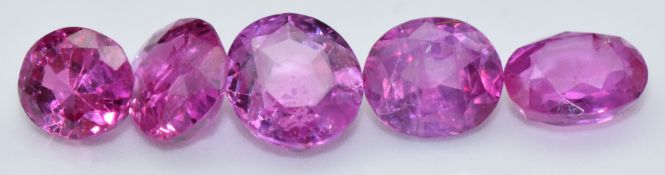 Five loose oval cut natural unheated Burmese rubies, total carat weight approximately 3.00cts