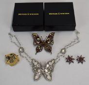 Four Butler and Wilson pieces comprising butterfly necklace, tiger brooch with enamel decoration,