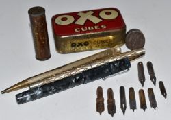 Vintage Kirby Beard & Co Ltd needlecase, Blackbird Sheaffer pens, nibs, steel seal etc