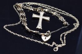 A 9ct gold gate bracelet, 9ct gold cross and 9ct gold chain, 8.3g