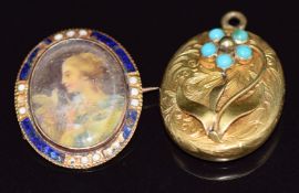 A yellow metal pendant/ locket set with turquoise cabochons and a Victorian brooch set with a
