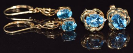 Two pairs of 9ct gold earrings both set with blue topaz, 5.6g