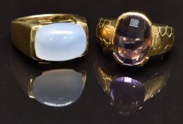 Two 9ct gold rings, one set with chalcedony the other amethyst, size N, 15.8g