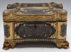 19thC Chinese lacquer two division tea caddy with gilt decoration, raised on four dragon feet, the