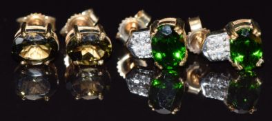 A pair of 9ct gold earrings set with tourmaline and a pair of 9ct gold earrings set with diopside