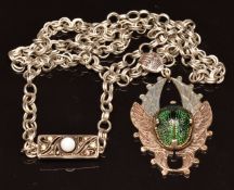 Egyptian Revival silver pendant set with a scarab beetle on a silver chain/ necklace