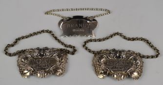 Pair of Georgian hallmarked silver bottle tickets with pierced names Port and Sherry surrounded by