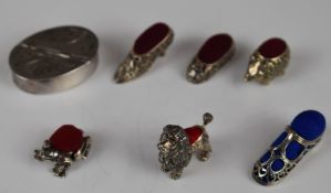 Hallmarked silver twin compartment pillbox and five novelty pin cushions each marked 925 or