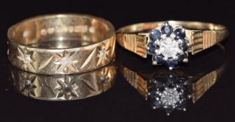 A 9ct gold eternity ring and a 9ct gold ring set with a diamond and sapphires, size N, 4.6g