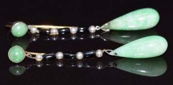 A pair of c1920 earrings set with jadeite drops, onyx beads and seed pearls, 4.3g
