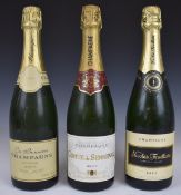 Three bottles of Champagne including Nicolas Feuillatte, all 75cl and 12 or 12.5%