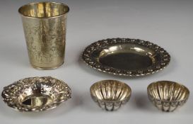 Turkish white metal beaker, height 8cm, pair of Middle Eastern white metal open salts and two