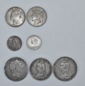 George III 1819 crown, Queen Victoria 1890 Jubilee crown, 1889 double florin, two young head half