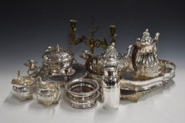Silver plated ware including Mappin & Webb candle holder centerpiece, galleried tray, oval tray,