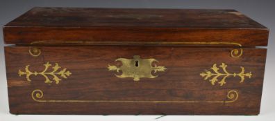 Brass inlaid rosewood writing slope with drawer to base, three small secret drawers to interior