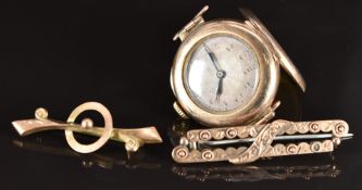 A 9ct gold ladies watch (14.5g) and two Edwardian 9ct gold brooches (2.7g)