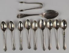 Hallmarked silver cutlery comprising jam spoon, sugar tongs and nine tea or coffee spoons, length of