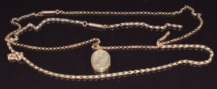 Two Victorian 9ct gold necklaces/ chains (9.6g) and a Victorian locket with buckle decoration