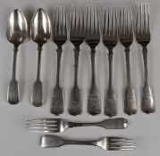 Georgian and William IV hallmarked silver fiddle pattern cutlery comprising six table forks, two