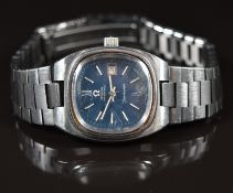 Omega Seamaster ladies automatic wristwatch with date aperture, silver hands and baton markers, blue