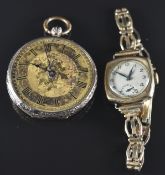 Two gold watches comprising a 14ct gold open faced pocket watch with blued hands, Roman numerals,