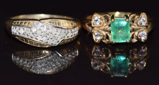 Two 9ct gold rings, one set with an emerald the other diamonds, size N, 7.7g