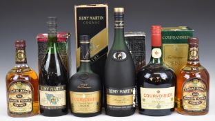 Six bottles of cognac / brandy comprising two Remy Martin Fine Champagne Cognac, one 24fl oz, 70%
