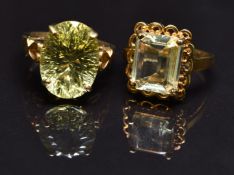 Two 9ct gold rings set with paste & quartz, size N, 11.6g