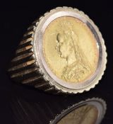 A 9ct gold ring set with an 1889 gold full sovereign with Melbourne mint mark, 16.4g