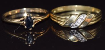 Two 9ct gold rings, one set with a sapphire the other a diamond, size J, 2.1g
