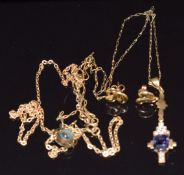 A pair of 9ct gold earrings, Art Deco yellow metal pendant set with a cushion cut sapphire and white