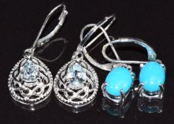 Two pairs of 9ct white gold earrings, one set with aquamarine and the other faux turquoise, 6.9g