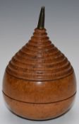 Victorian burr walnut child's spinning top with brass point and turned body with ridged section, the