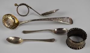 Hallmarked silver cutlery comprising Georgian sifter ladle, London 1799 and two tea or coffee
