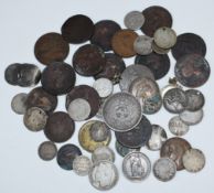 Small collection of coins Georgian and later, mining token and a coin earring