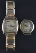Two 14ct gold ladies wristwatches  each with blued hands, black Arabic numerals and champagne
