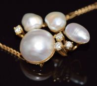 An 18ct gold necklace set with blister pearls and diamonds in an abstract design, 8.8g