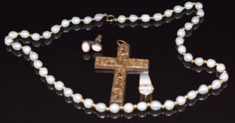 A pearl and 9k gold sphere necklace, Victorian silver cross pendant (Birmingham 1884), two opal