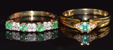 Two 9ct gold rings set with emeralds and diamonds, size N, 5g