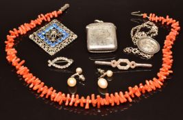 A silver vesta, silver fob, coral necklace, silver earrings, costume brooches etc