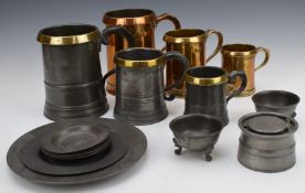 A collection of mostly Victorian brass, copper and pewter tankards, salts, plates, inkwell etc,